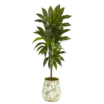 4ft. Dracaena Artificial Plant in Flower Print Planter (Real Touch)