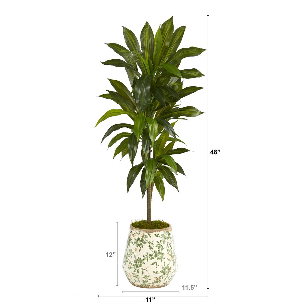 4ft. Dracaena Artificial Plant in Flower Print Planter (Real Touch)