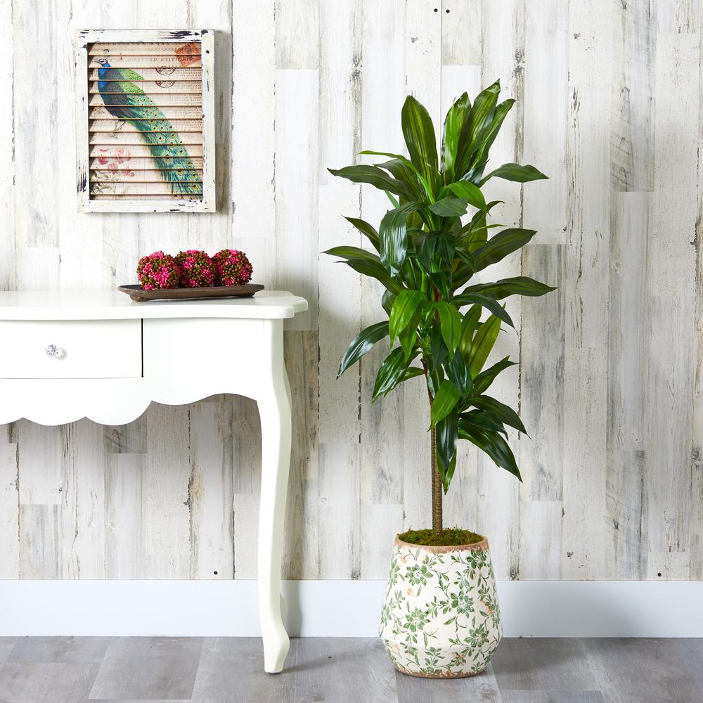 4ft. Dracaena Artificial Plant in Flower Print Planter (Real Touch)