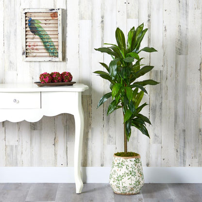 4ft. Dracaena Artificial Plant in Flower Print Planter (Real Touch)