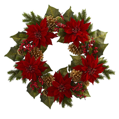 24in. Poinsettia, Berry and Golden Pinecone Artificial Wreath