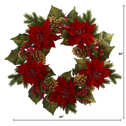 24in. Poinsettia, Berry and Golden Pinecone Artificial Wreath