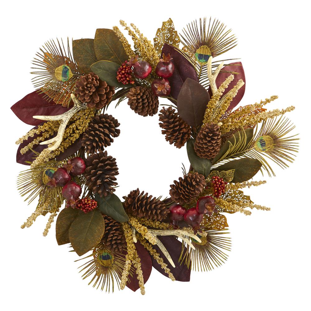 27in. Magnolia Leaf, Berry, Antler and Peacock Feather Artificial Wreath