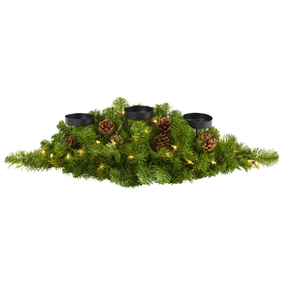 30in. Christmas Artificial Pine Triple Candelabrum with 35 Clear Lights and Pine Cones