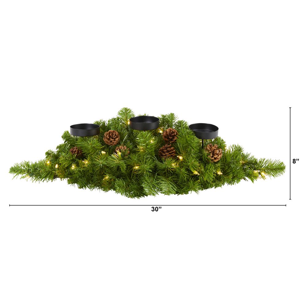 30in. Christmas Artificial Pine Triple Candelabrum with 35 Clear Lights and Pine Cones