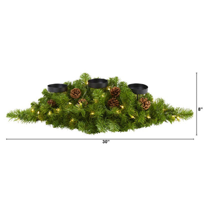30in. Christmas Artificial Pine Triple Candelabrum with 35 Clear Lights and Pine Cones
