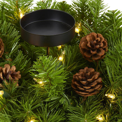 30in. Christmas Artificial Pine Triple Candelabrum with 35 Clear Lights and Pine Cones