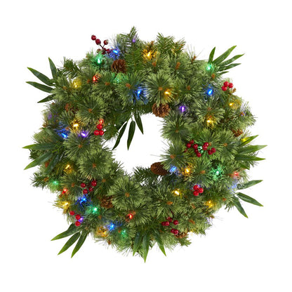 24in. Mixed Pine Artificial Christmas Wreath with 50 Multicolored LED Lights, Berries and Pine Cones