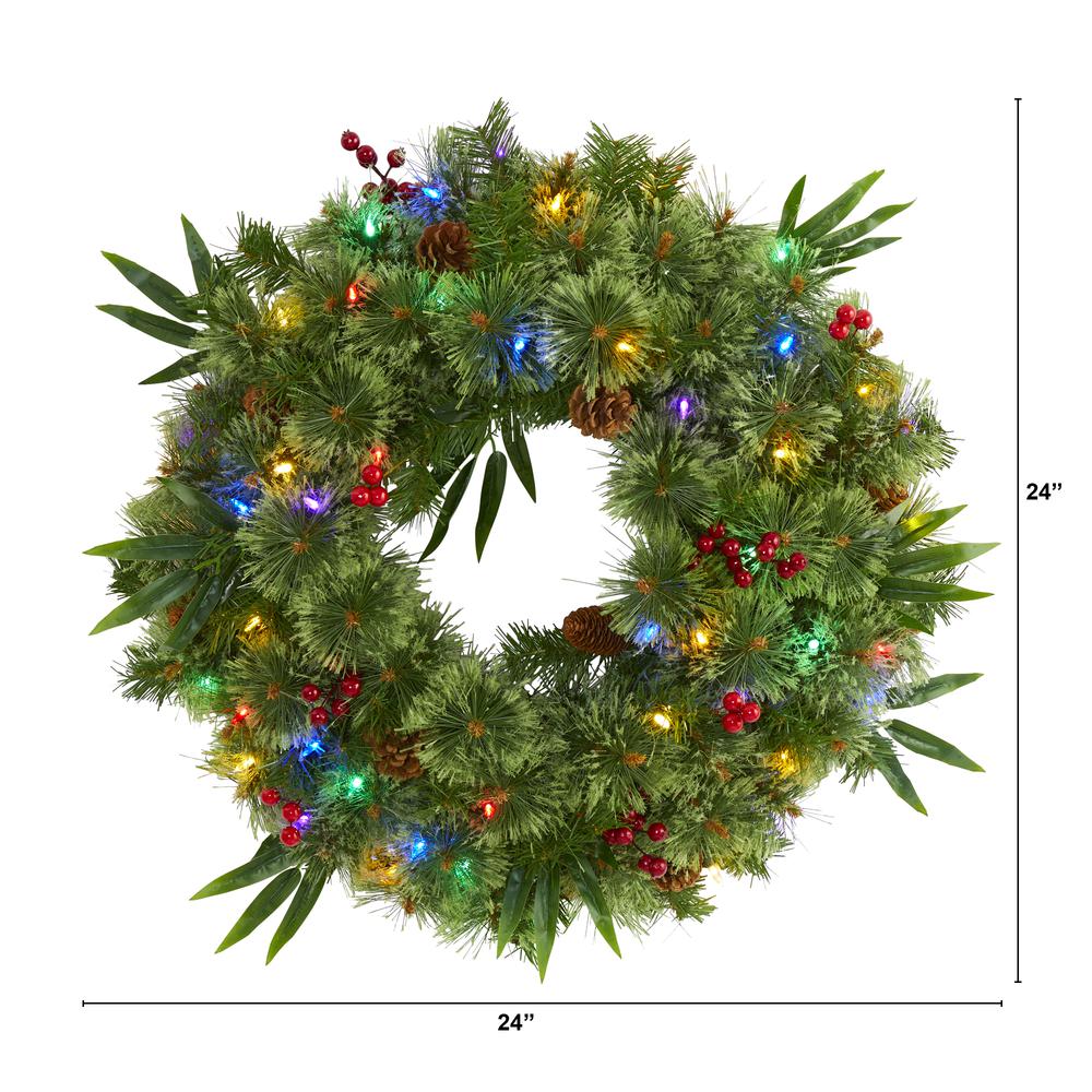 24in. Mixed Pine Artificial Christmas Wreath with 50 Multicolored LED Lights, Berries and Pine Cones