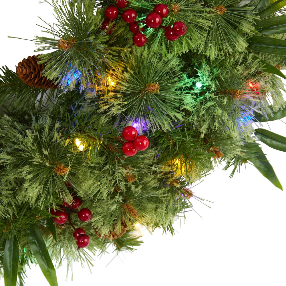 24in. Mixed Pine Artificial Christmas Wreath with 50 Multicolored LED Lights, Berries and Pine Cones