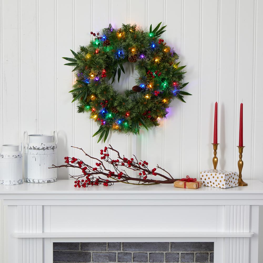 24in. Mixed Pine Artificial Christmas Wreath with 50 Multicolored LED Lights, Berries and Pine Cones