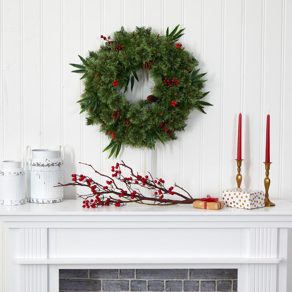 24in. Mixed Pine Artificial Christmas Wreath with 50 Multicolored LED Lights, Berries and Pine Cones