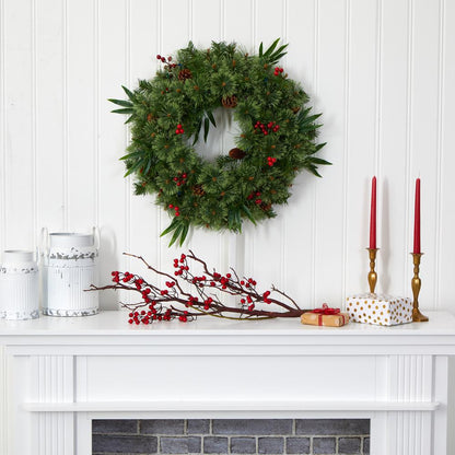 24in. Mixed Pine Artificial Christmas Wreath with 50 Multicolored LED Lights, Berries and Pine Cones