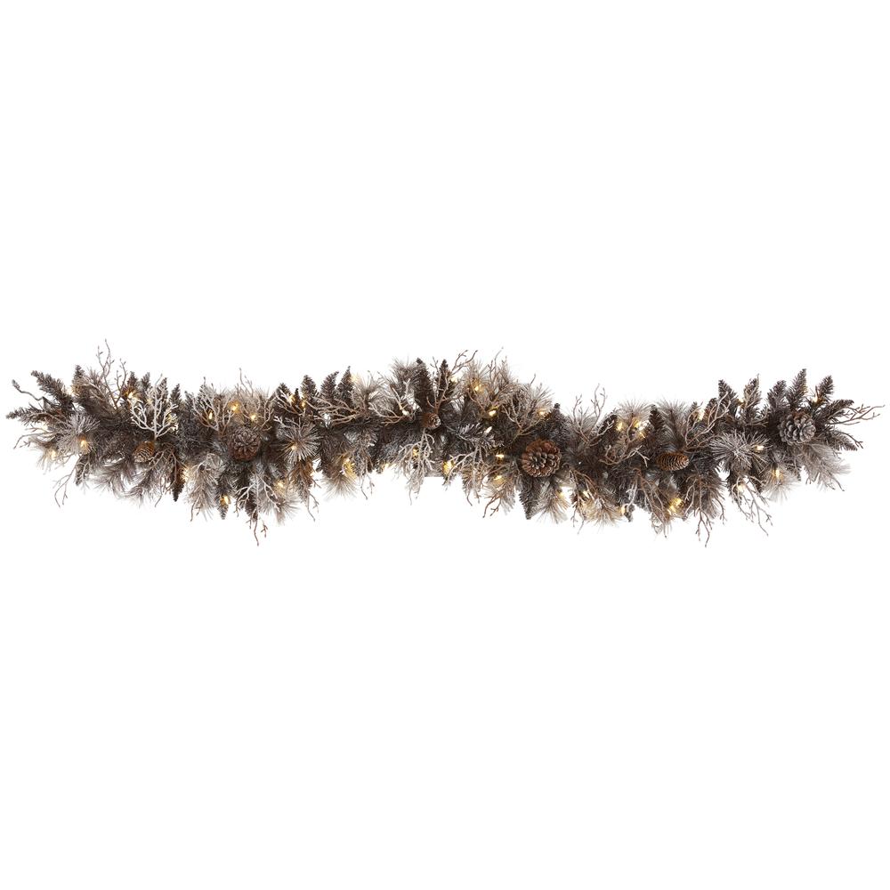 6ft. Flocked Artificial Christmas Garland with 50 White Warm LED Lights and Pine Cones