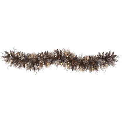 6ft. Flocked Artificial Christmas Garland with 50 White Warm LED Lights and Pine Cones