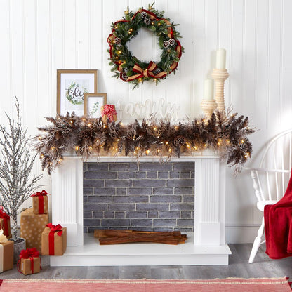 6ft. Flocked Artificial Christmas Garland with 50 White Warm LED Lights and Pine Cones