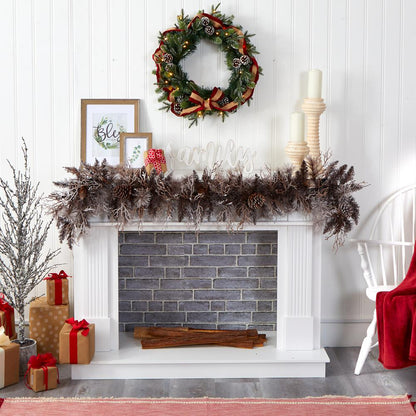 6ft. Flocked Artificial Christmas Garland with 50 White Warm LED Lights and Pine Cones
