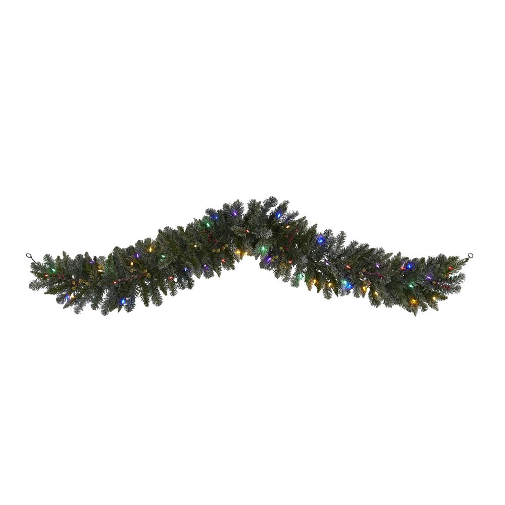 6ft. Flocked Artificial Christmas Garland with 50 Multicolored LED Lights and Berries