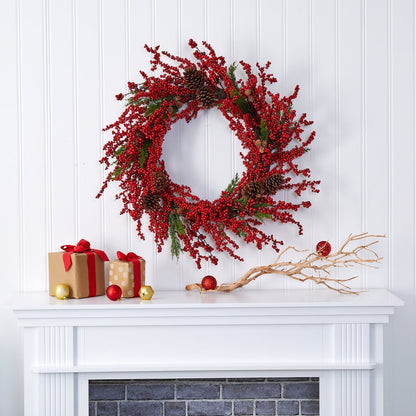 34in. Cypress Artificial Wreath with Berries and Pine Cones
