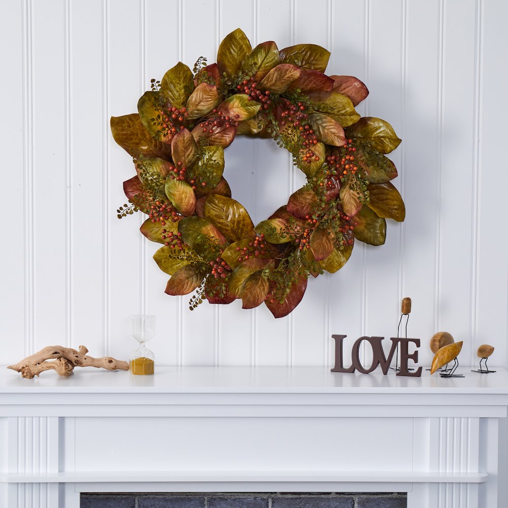 30in. Fall Magnolia Leaf and Berries Artificial Wreath