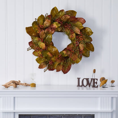 30in. Fall Magnolia Leaf and Berries Artificial Wreath