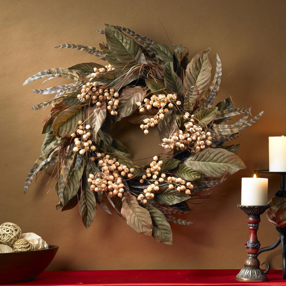 24in. Feather and Berry Wreath