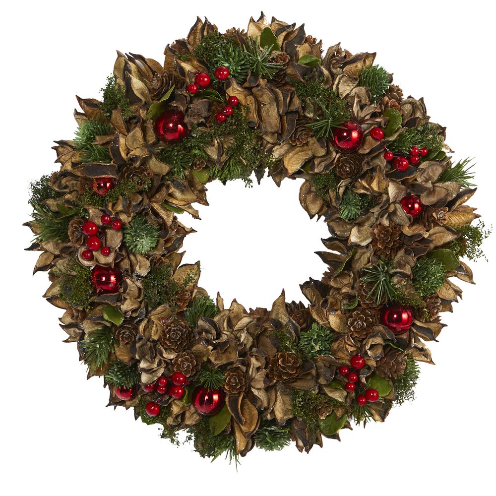 15in. Holiday Artificial Wreath with Pine Cones and Ornaments