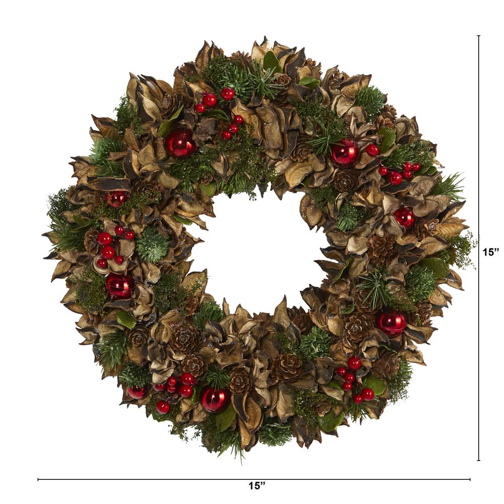 15in. Holiday Artificial Wreath with Pine Cones and Ornaments