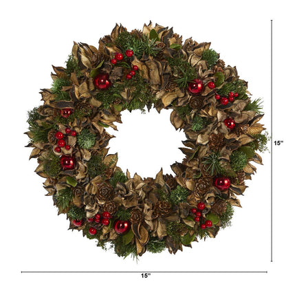 15in. Holiday Artificial Wreath with Pine Cones and Ornaments