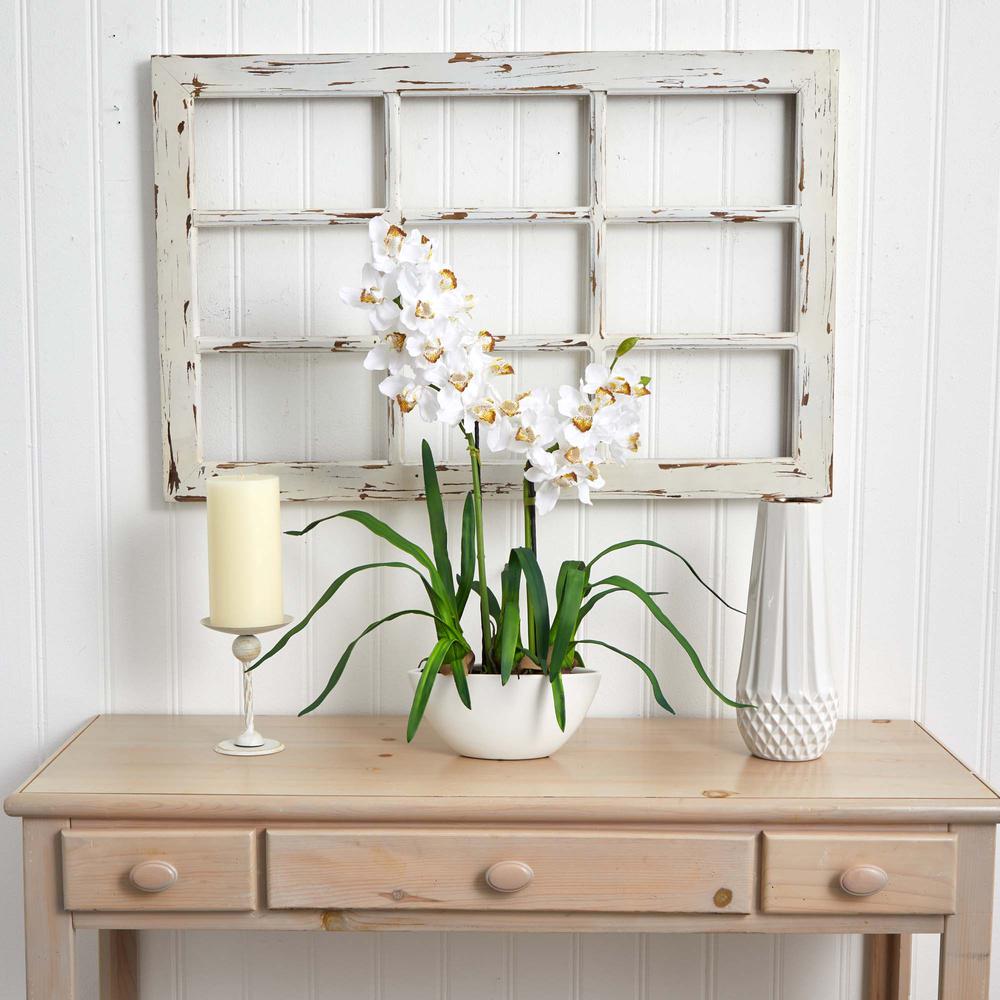 Cymbidium with White Vase Silk Flower Arrangement