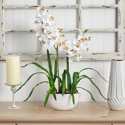 Cymbidium with White Vase Silk Flower Arrangement
