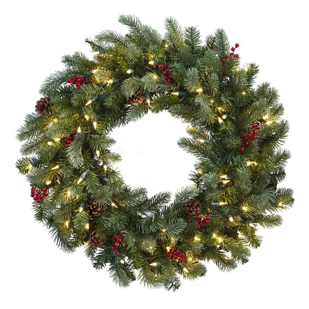 30in. Lighted Pine Wreath with Berries & Pinecones