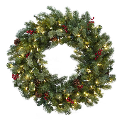 30in. Lighted Pine Wreath with Berries & Pinecones