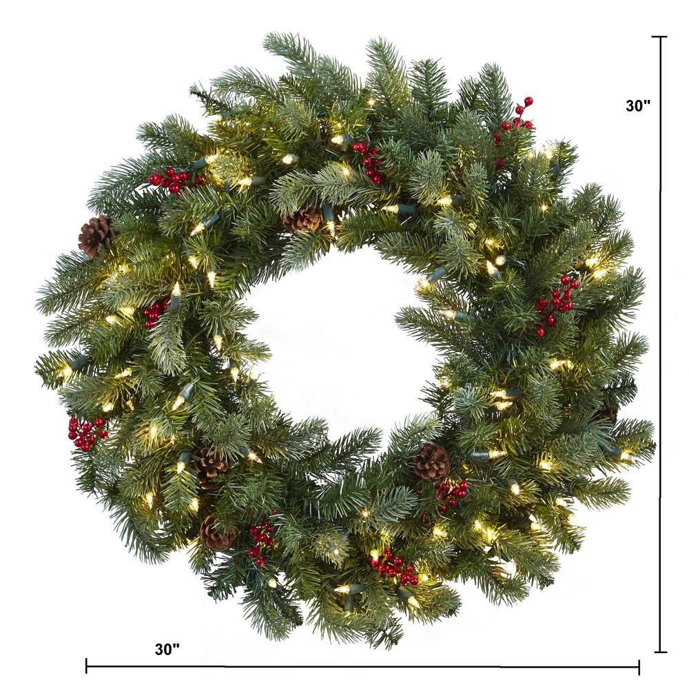 30in. Lighted Pine Wreath with Berries & Pinecones