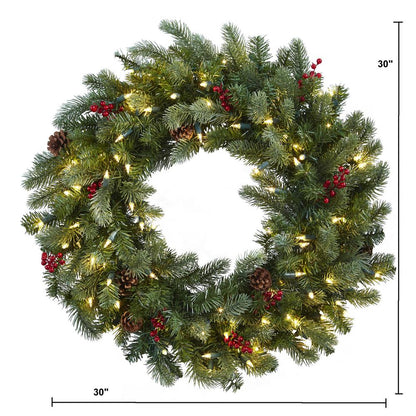 30in. Lighted Pine Wreath with Berries & Pinecones