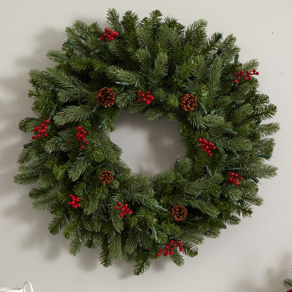 30in. Lighted Pine Wreath with Berries & Pinecones