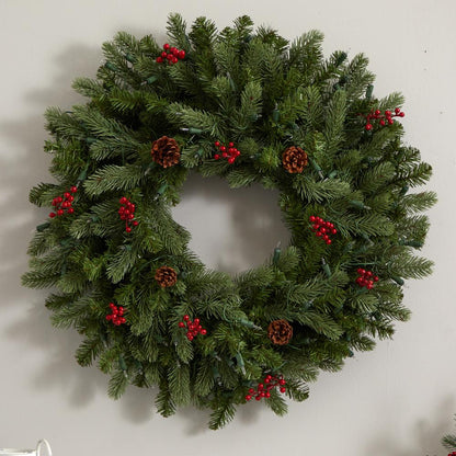 30in. Lighted Pine Wreath with Berries & Pinecones