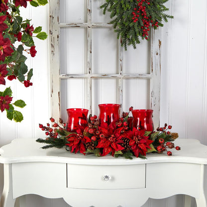 Poinsettia & Berry Triple Candelabrum