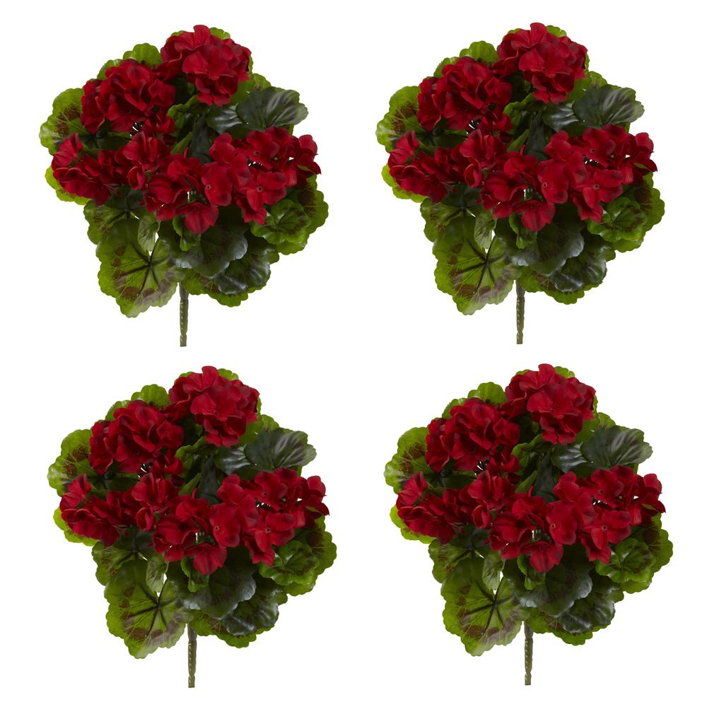 Geranium Artificial Bush UV Resistant, Set of 4 (Indoor/Outdoor), Red