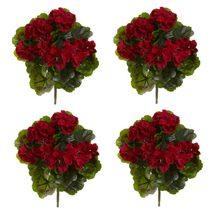 Geranium Artificial Bush UV Resistant, Set of 4 (Indoor/Outdoor), Red