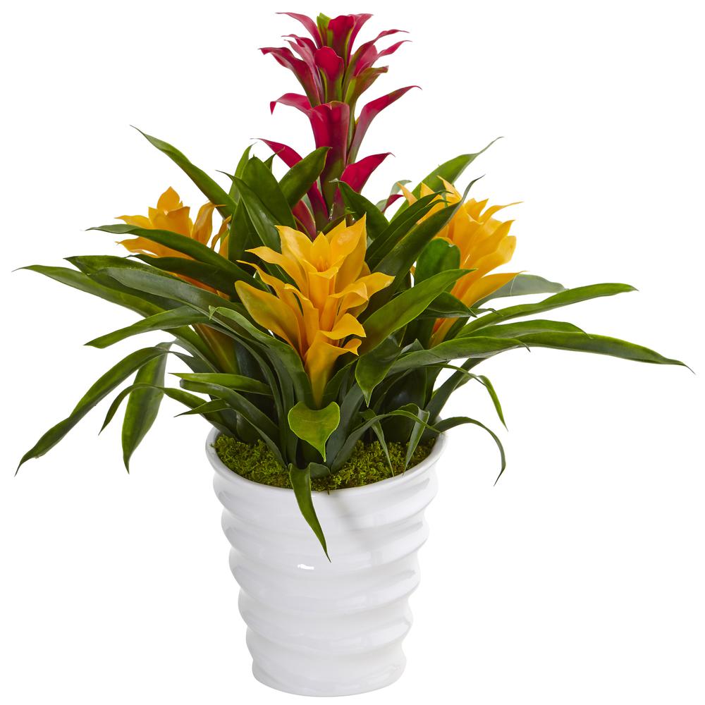 Tropical Bromeliad Artificial Plant in White Swirl Vase
