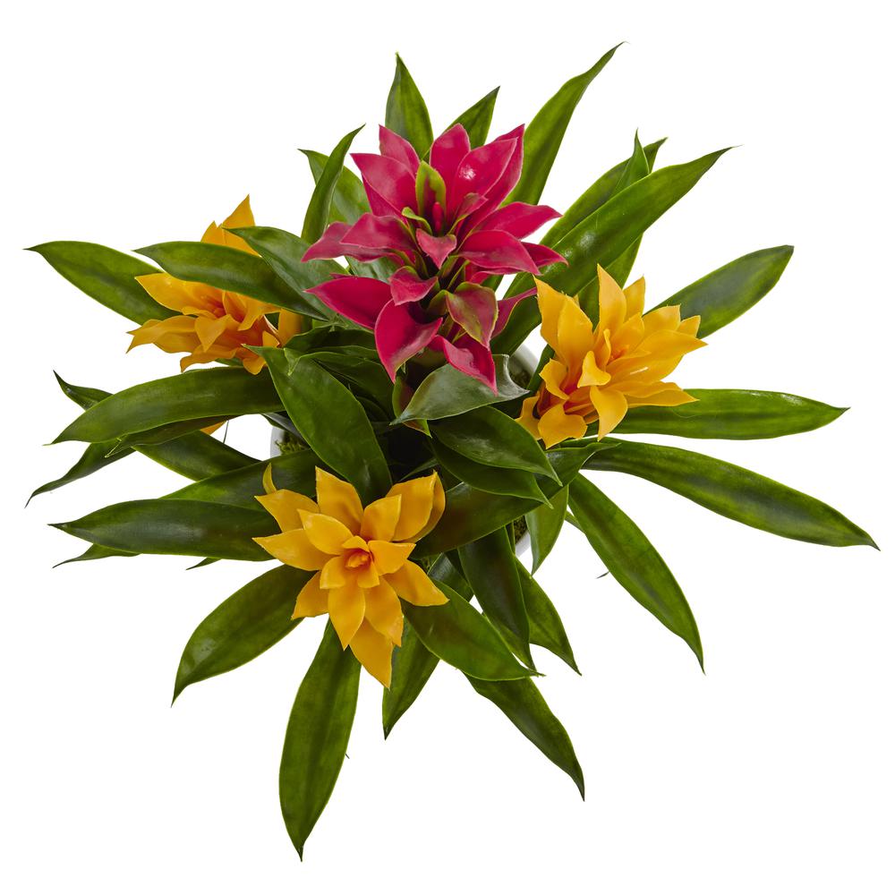 Tropical Bromeliad Artificial Plant in White Swirl Vase