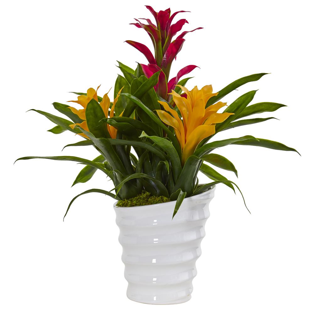 Tropical Bromeliad Artificial Plant in White Swirl Vase