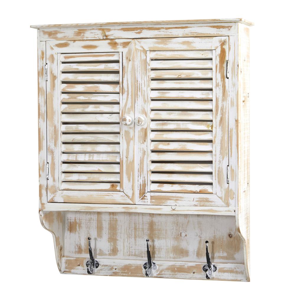 32in. White Washed Wall Cabinet with Hooks