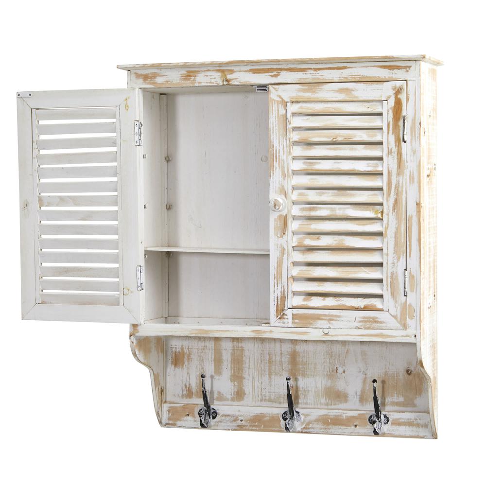 32in. White Washed Wall Cabinet with Hooks
