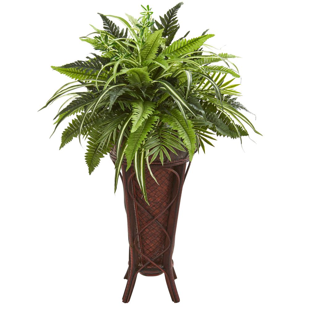 32in. Mixed Greens and Fern Artificial Plant in Decorative Stand