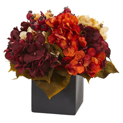 12in. Autumn Hydrangea Berry Artificial Arrangement in Black Vase
