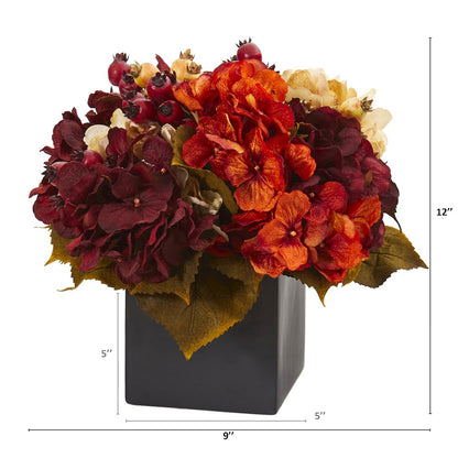 12in. Autumn Hydrangea Berry Artificial Arrangement in Black Vase
