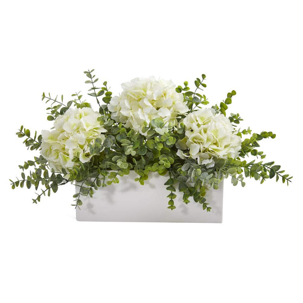 15in. Hydrangea and Eucalyptus Artificial Arrangement in White Vase