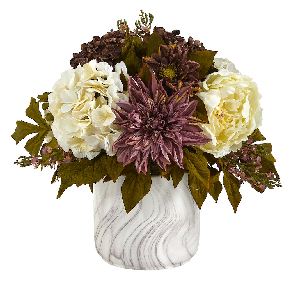 15in. Peony, Hydrangea and Dahlia Artificial Arrangement in Marble Finished Vase